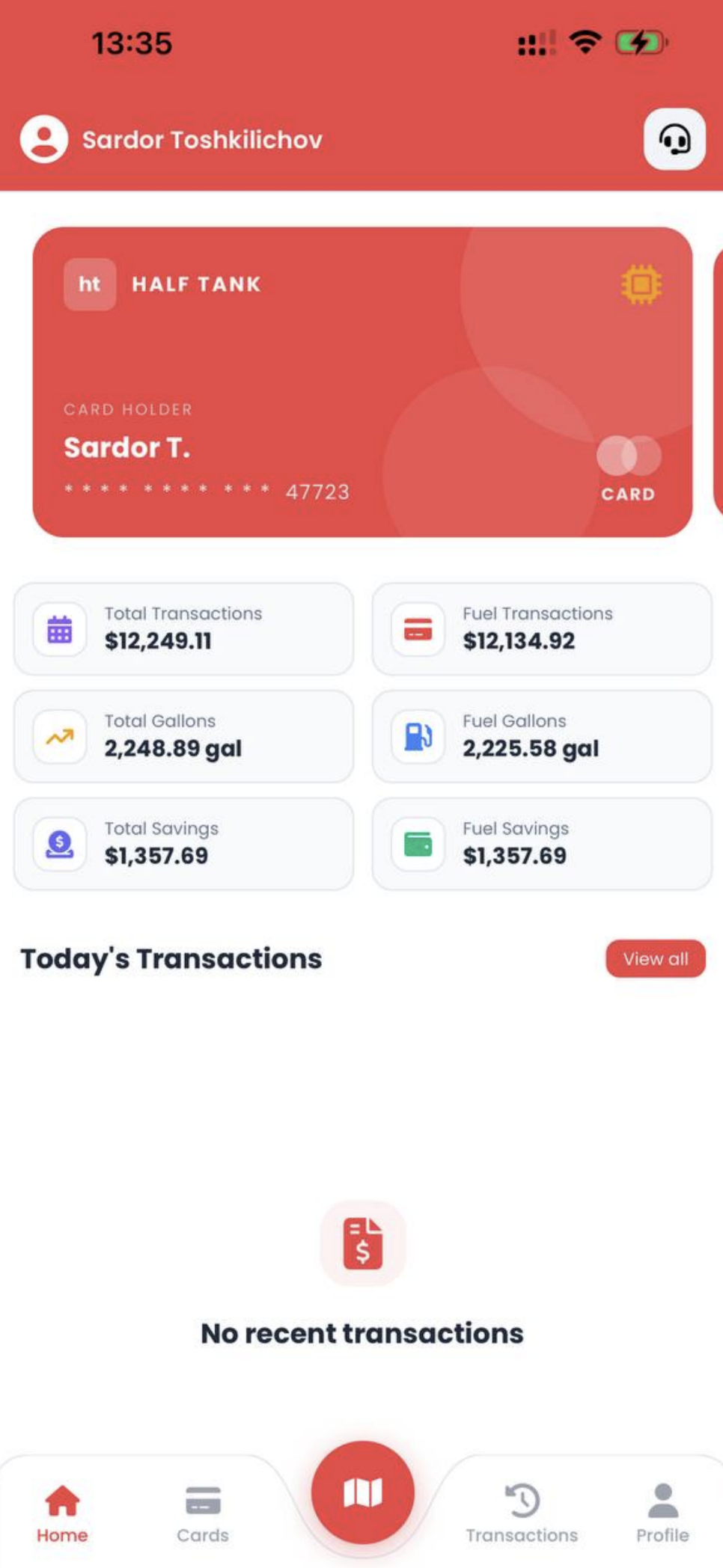 halftank home dashboard — Half Tank card, total transactions, gallons and savings