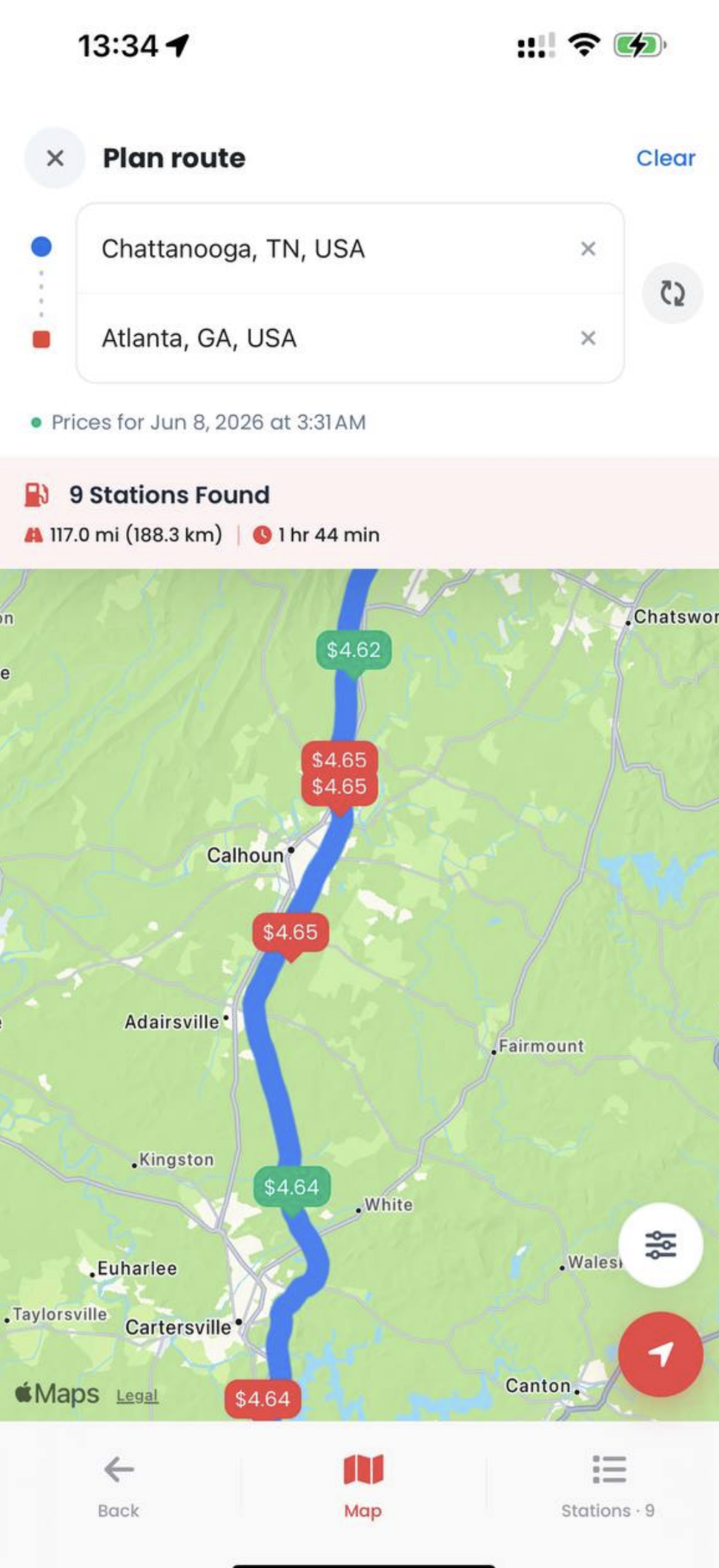 halftank route planner — Chattanooga to Atlanta with live fuel prices mapped along the way