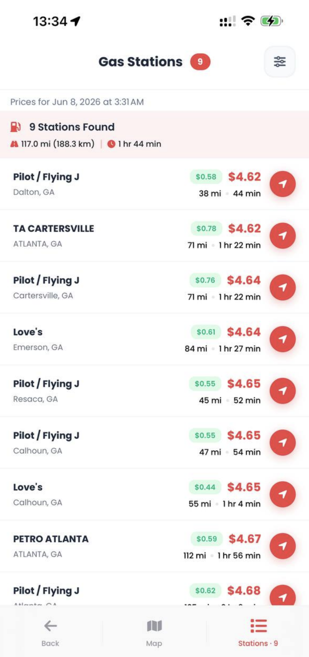 halftank gas stations list — 9 stations found along the route with prices and savings