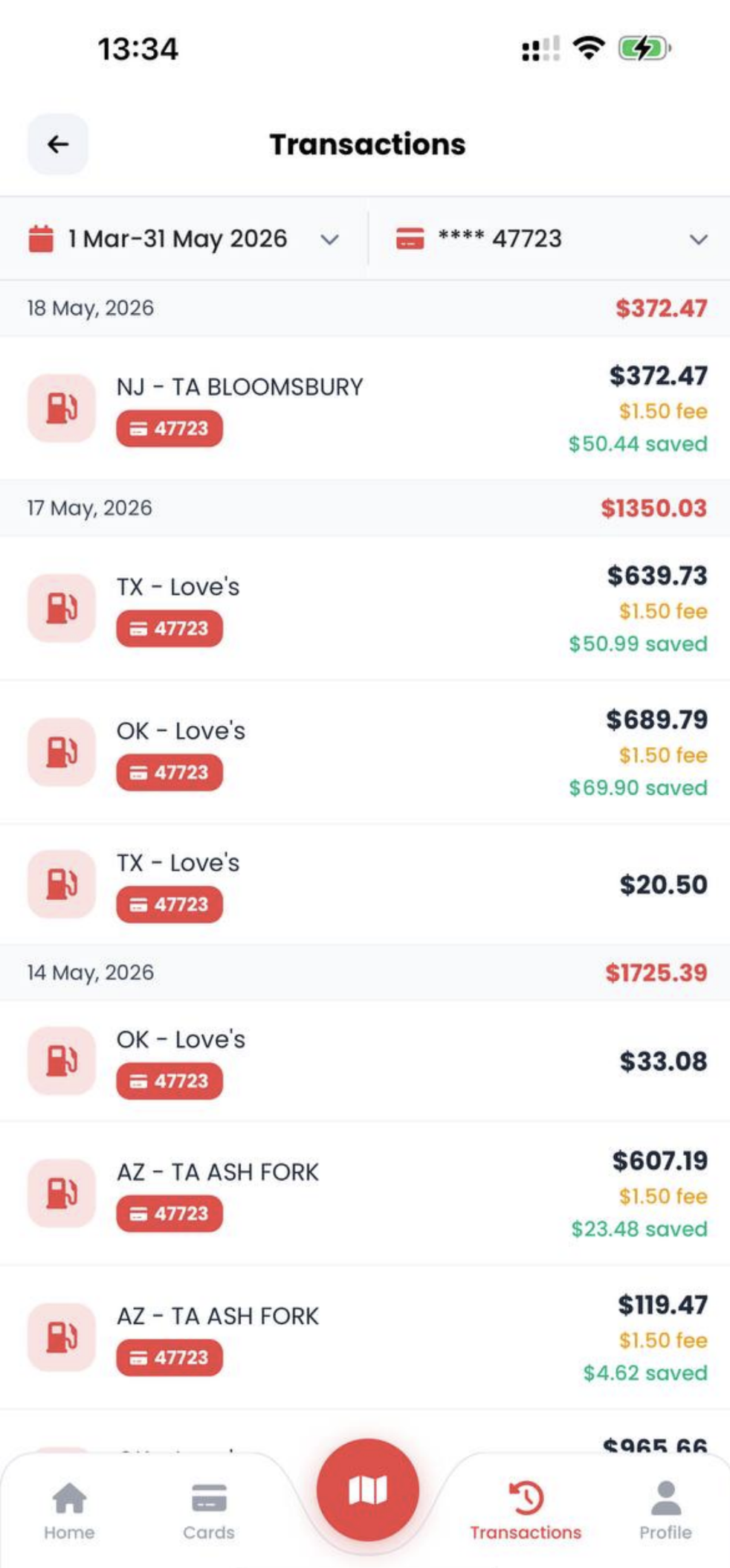 halftank transactions — fuel purchases with fees and savings per fill-up